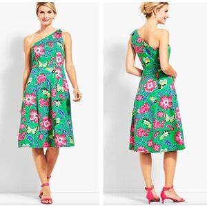 Talbots RSVP one-shoulder fit-and-flare dress green with a pink floral Size 10